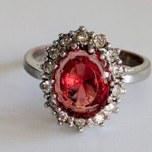 1900 Custom Princess cut glass red stone ring.